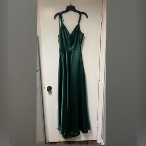 Satin green long A-Line dress with leg slit on left side. Size XXL waist 35.6 in